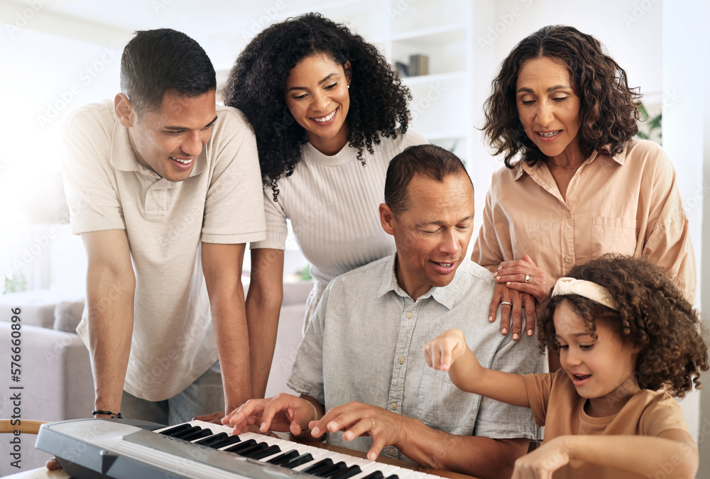 Family, keyboard piano and play music with grandparents, parents and
