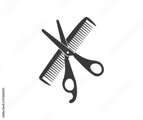 Scissors and comb black silhouette, barber, simple hair dresser icon, barbershop logo design. Sign crossed scissors and hair brush. Barbershop symbols vector design and illustration.