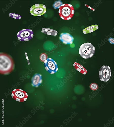 Flying casino chips on a green background with highlights. Realistic illustration.