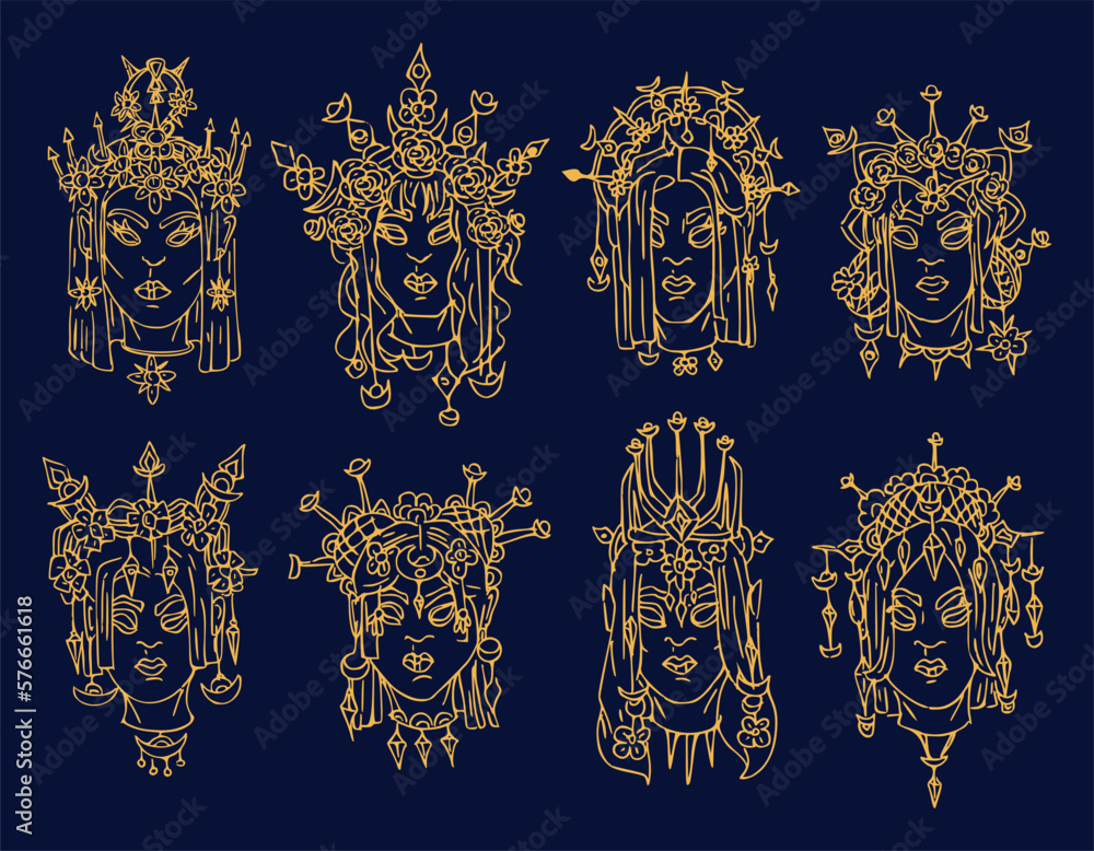 Magic tribal woman boho style portraits set. Mysterious and witchcraft line art design elements. Fantasy vector illustrations for logo, tattoo, tarot or poster. Magic tribal woman boho style portraits set. Mysterious and witchcraft line art design elements. Fantasy vector illustrations for logo, tattoo, tarot or poster.