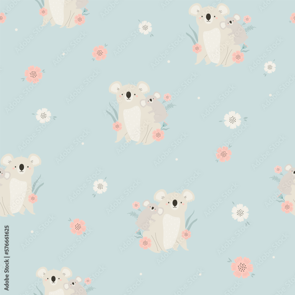 Seamless pattern with cute mother koala and baby on blue background. Seamless pattern with cute mother koala and baby on blue background.