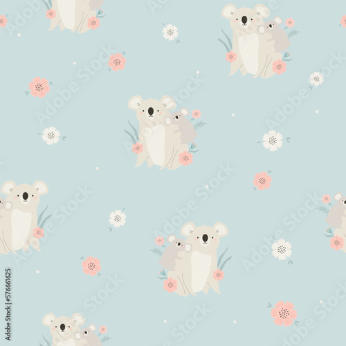 Seamless pattern with cute mother koala and baby on blue background.