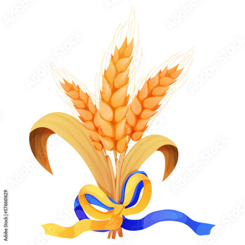 Spikelet, golden wheat plant with Ukrainian flag colors in cartoon stele isolated on white background.