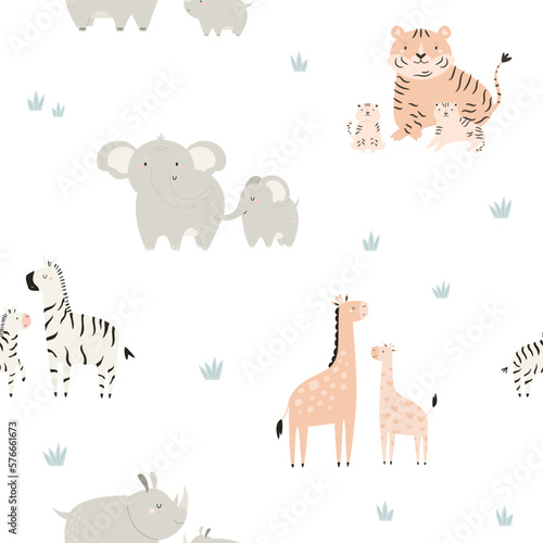 Seamless pattern with cute african baby animals and their mothers on white background.
