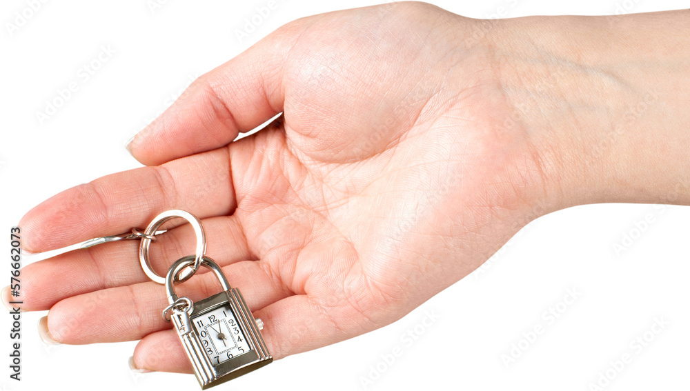 Hand Holding Keychain Lock With Clock And Key - Isolated