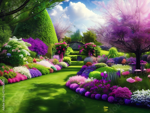 Enchanted garden A magical garden in spring. AI
