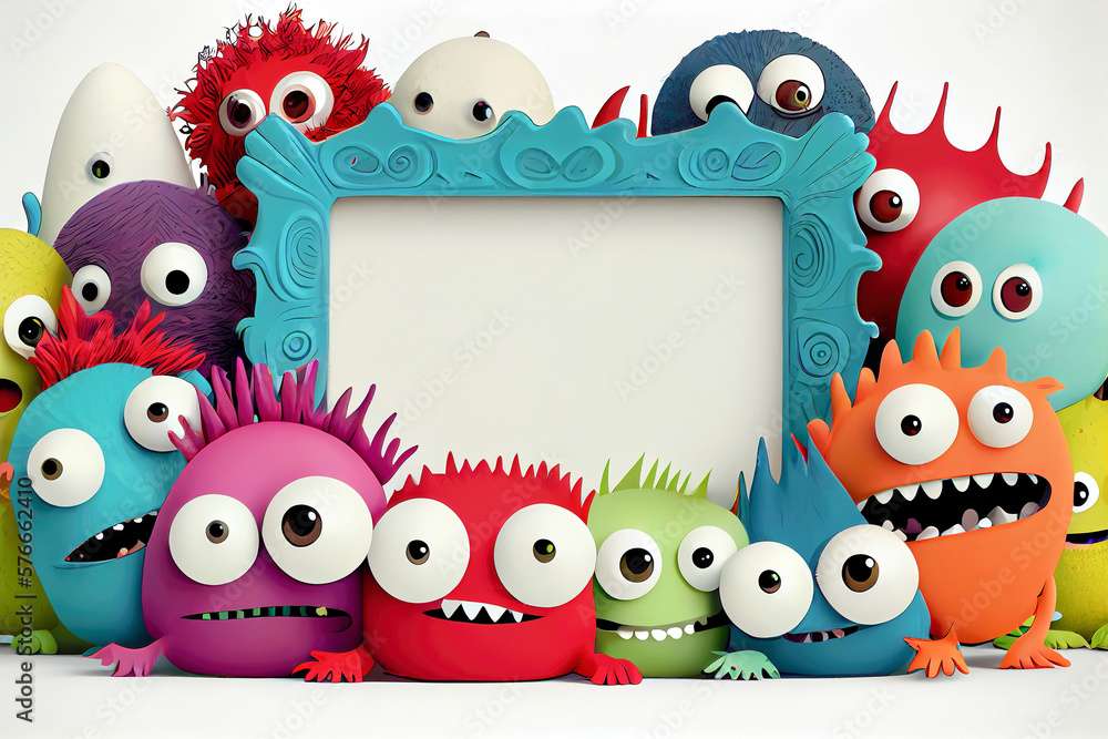 Obraz premium Cute Cartoon Monsters border frame on light white background mock-up copy space made with generative AI