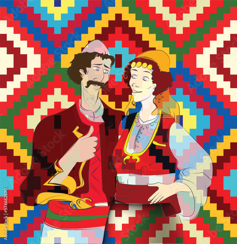 Albanian couple with traditional dress in folk background