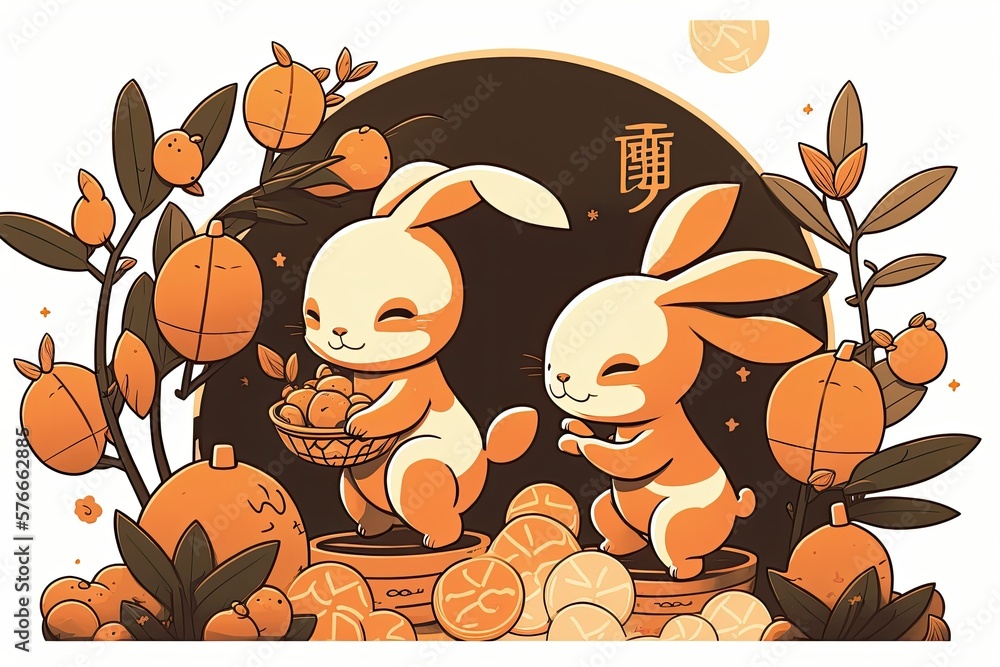 CNY cartoon depicting cute bunnies frolicking amongst oranges, gold ...