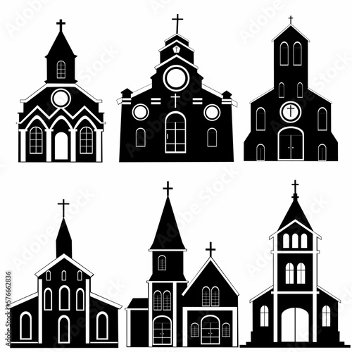 
Big set of Church silhouettes. Vector illustration of religious architecture building silhouette on white background. Icon church, logo