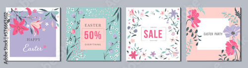 Fancy Easter flower square templates. Suitable for social media postings, mobile applications, postcards, invitations, banner design and online advertising. Vector illustration.