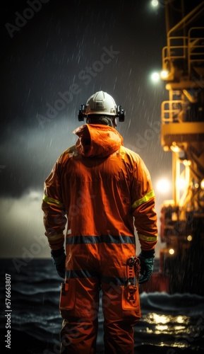 Offshore and industrial workers working at an oilrig, made with generative ai photo