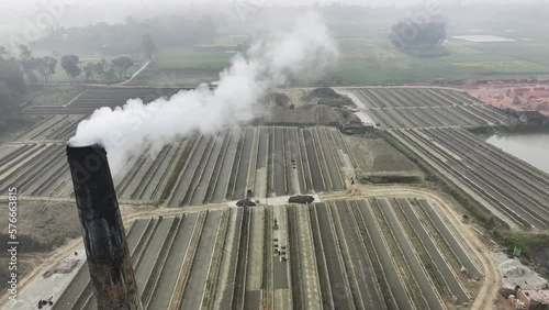 Aerial view of a brick factory from above near Keraniganj township, Dhaka province, Bangladesh. photo