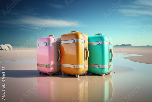 Three suitcases on the beach. AI generative.
