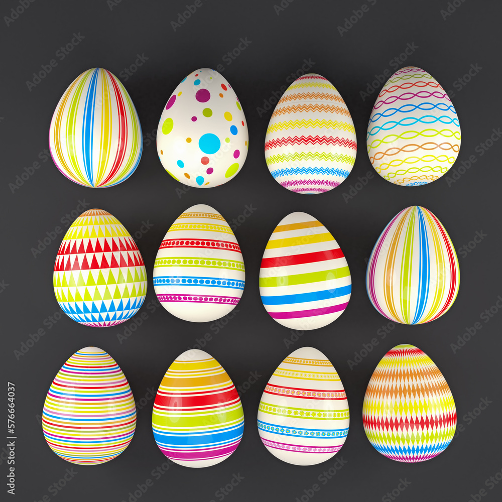 3d render of 12 colorful easter eggs on black background. - Vacation background