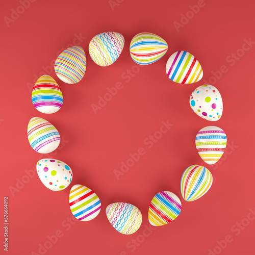 3d render of 13 colorful easter eggs on red background. - Vacation background