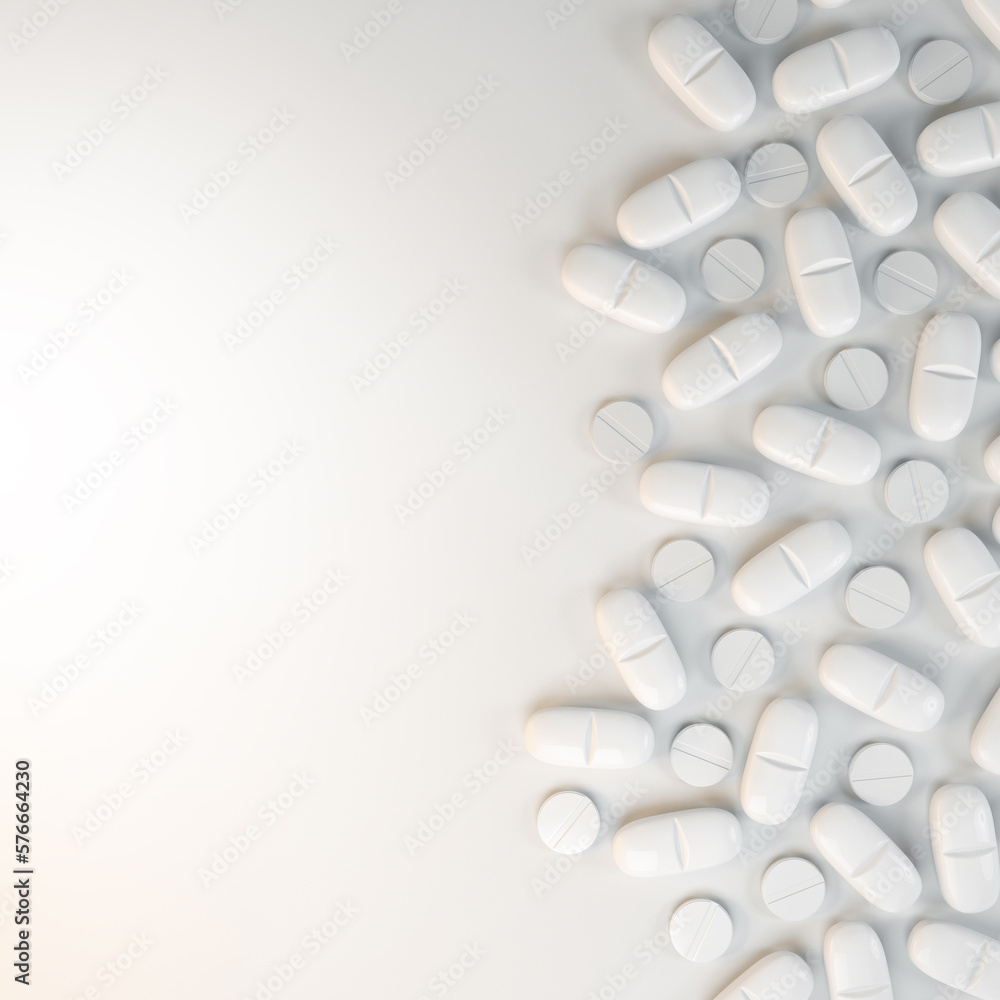 3d render of white tablets, pills - medicine on white background.