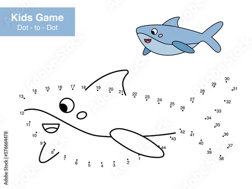 Dot to dot educational game for children. Cute cartoon shark. Sea animal. Numbers game. Printable worksheet for kids. Connect the dots and color. Vector illustration.