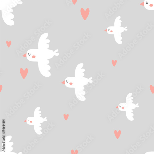 vector cute grey dove and hearts pattern
