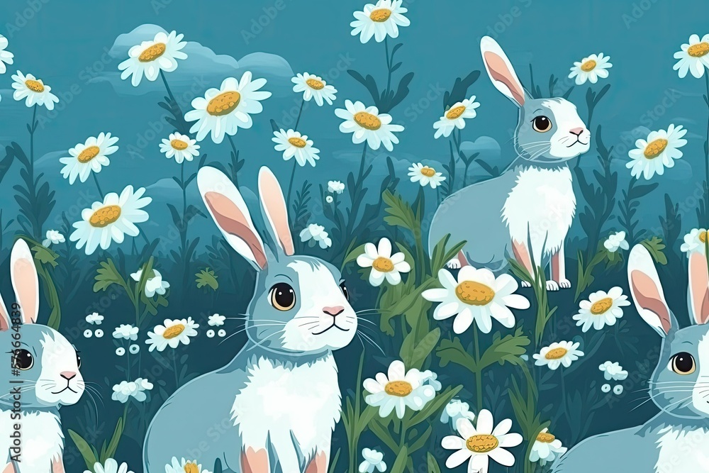 Cartoon rabbits and a daisy flower field on a blue background, designed ...