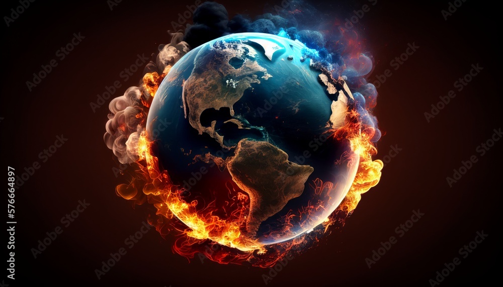 Burning Earth planet sphere. Climat change, cataclysm or war concept. AI generative