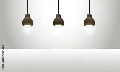 Realistic three lamp hanging from the ceiling. Bright lighting. Three black decorative ceiling lamps