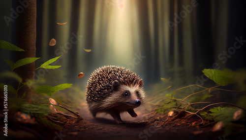 A hedgehog running through a forest generative AI photo