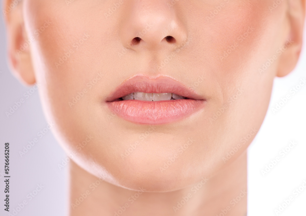 Woman, skincare or mouth in zoom of face for cosmetics, beauty and healthy glow on studio background. Girl model, lips and dermatology portrait of wellness, facial treatment in isolated closeup Woman, skincare or mouth in zoom of face for cosmetics, beauty and healthy glow on studio background. Girl model, lips and dermatology portrait of wellness, facial treatment in isolated closeup