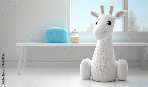  a stuffed giraffe sitting in front of a window.  generative ai © Anna