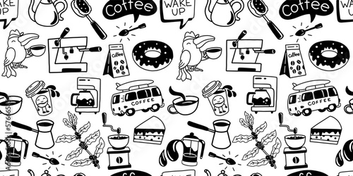 Coffee seamless pattern. Doodle background. Cup of coffee and desert. Morning road. Black and white. Vector illustration.