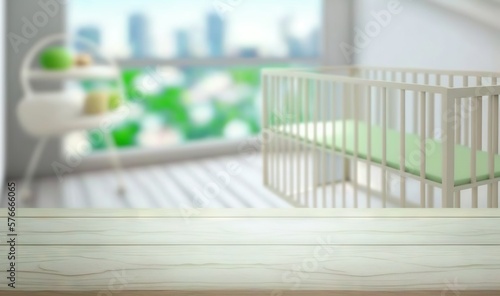  a baby crib in a room with a view of a city.  generative ai