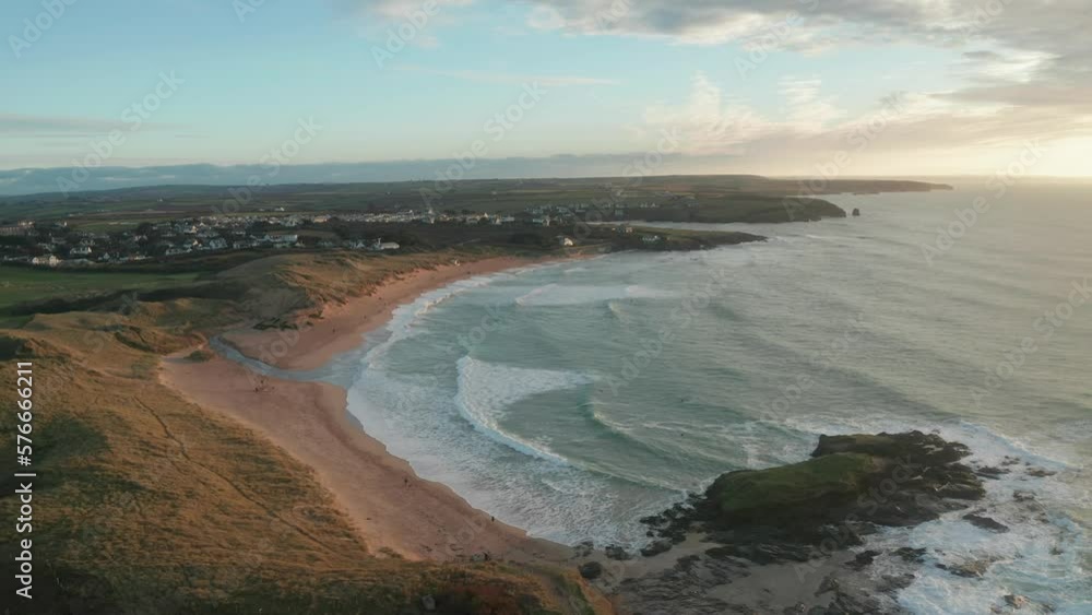Aerial view of Constantine Bay at sunset during hightide, Cornwall, United Kingdom. Aerial view of Constantine Bay at sunset during hightide, Cornwall, United Kingdom.