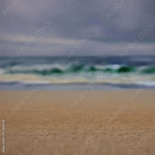 Seascape abstract beach background. blur bokeh light of calm sea and sky. Focus on sand foreground ai generative © dea