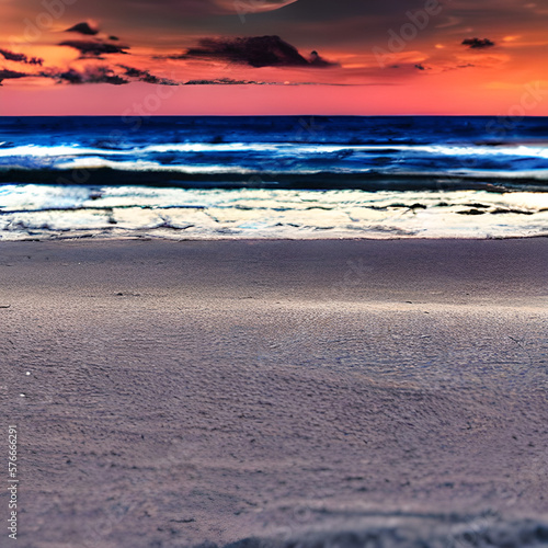 Seascape abstract beach background. blur bokeh light of calm sea and sky. Focus on sand foreground ai generative