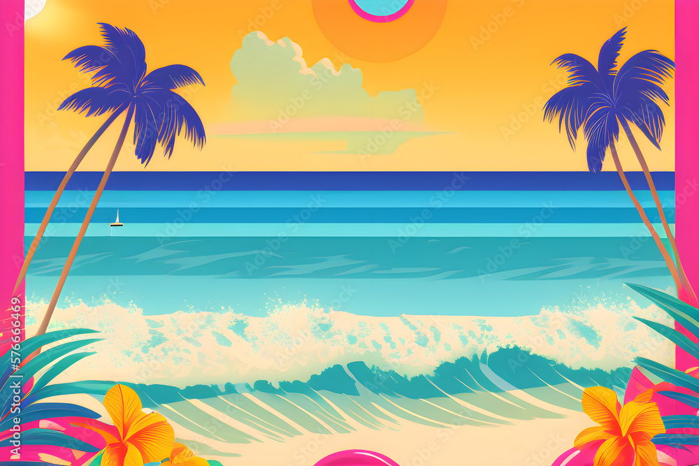 Colorful tropical beach background with palm trees, retro illustration. Generative AI