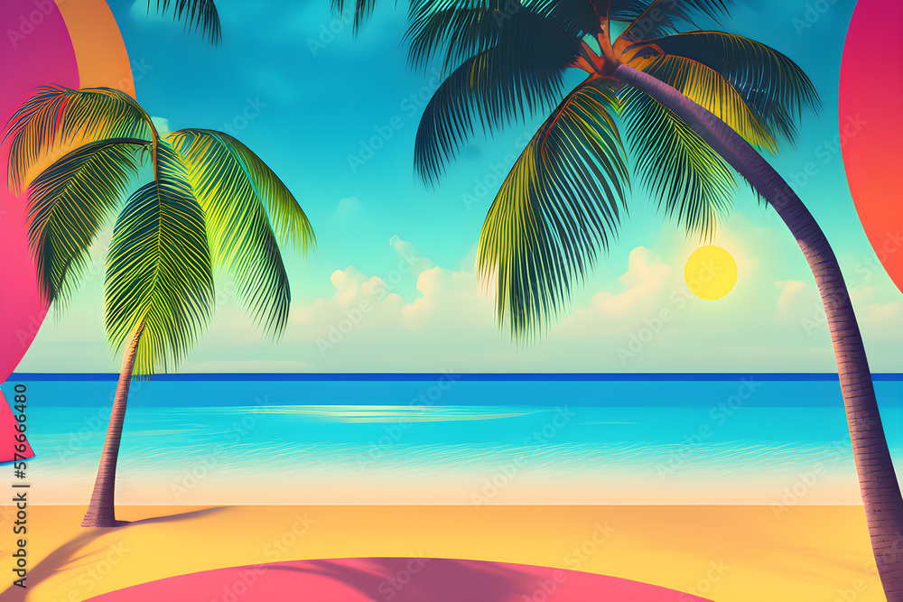 Retro 80s illustration of a tropical beach with palm trees. Generative AI