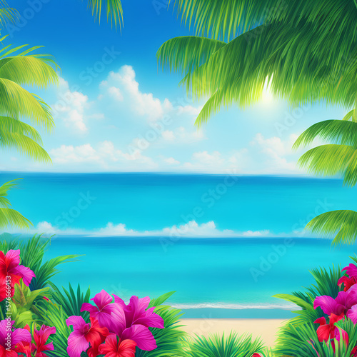 Tropical beach with palm trees and flowers. 80s retro illustration with empty space for writing. Generative AI