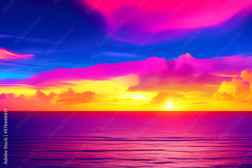 Sunset over the sea, colorful landscape. Generative AI