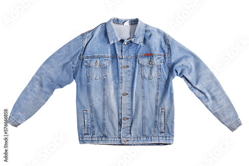 Old blue denim jacket isolated on white background