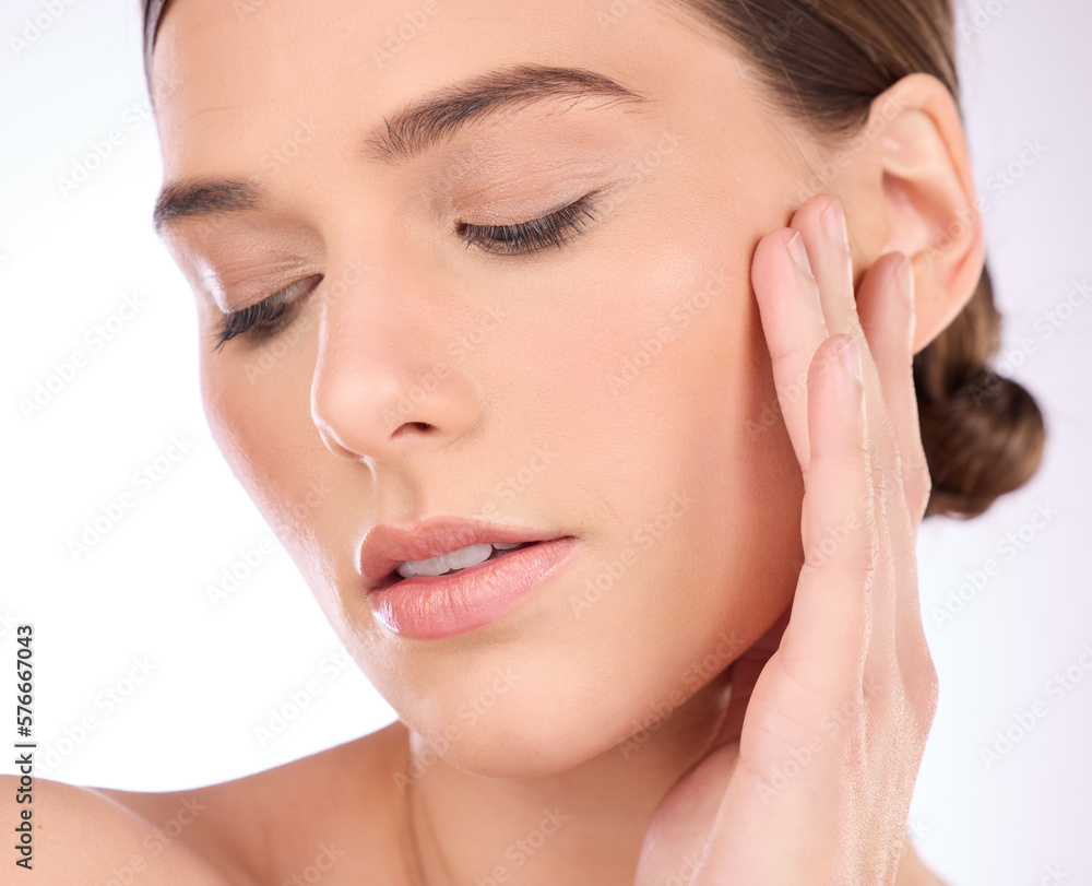 Beauty, skincare or girl model with self love in daily grooming treatment with natural makeup cosmetics in studio. Dermatology, white background or face of woman with healthy luxury facial routine Beauty, skincare or girl model with self love in daily grooming treatment with natural makeup cosmetics in studio. Dermatology, white background or face of woman with healthy luxury facial routine