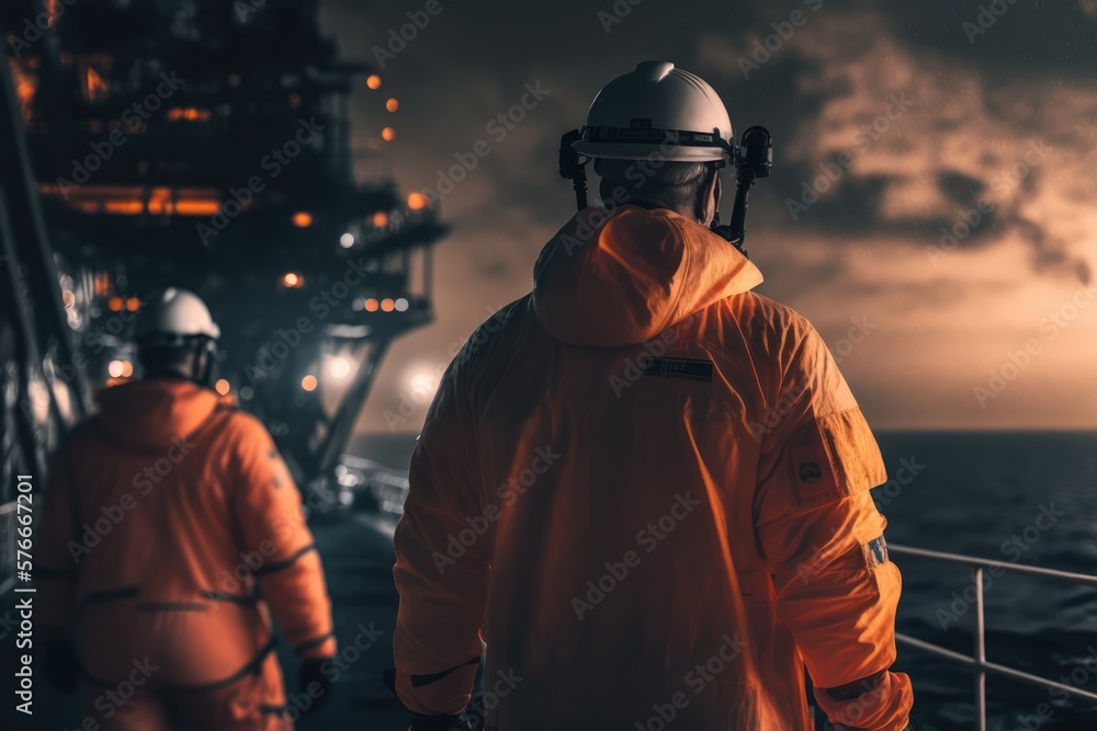 Offshore and industrial workers working on an oilrig, made with generative ai Offshore and industrial workers working on an oilrig, made with generative ai