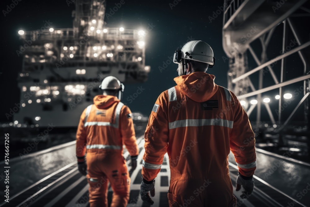Offshore and industrial workers working on an oilrig, made with generative ai Offshore and industrial workers working on an oilrig, made with generative ai