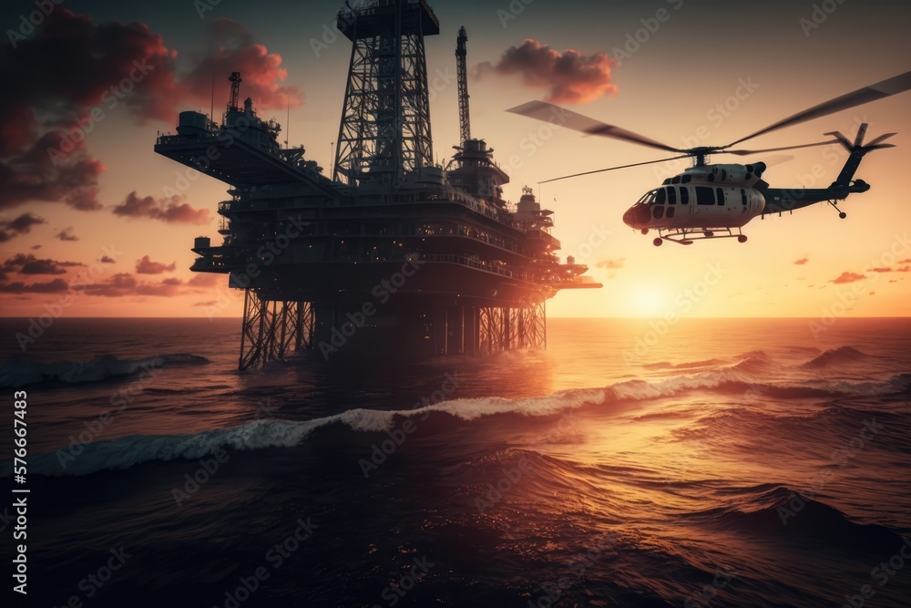 Oilrig and helicopter, made with generative ai