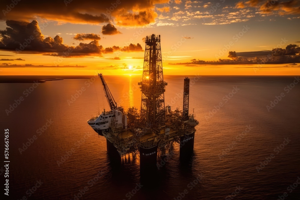 Oilrig in the sunset from aerial view, made with generative ai