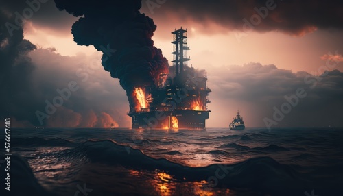 Oilrig in flames, made with generative ai