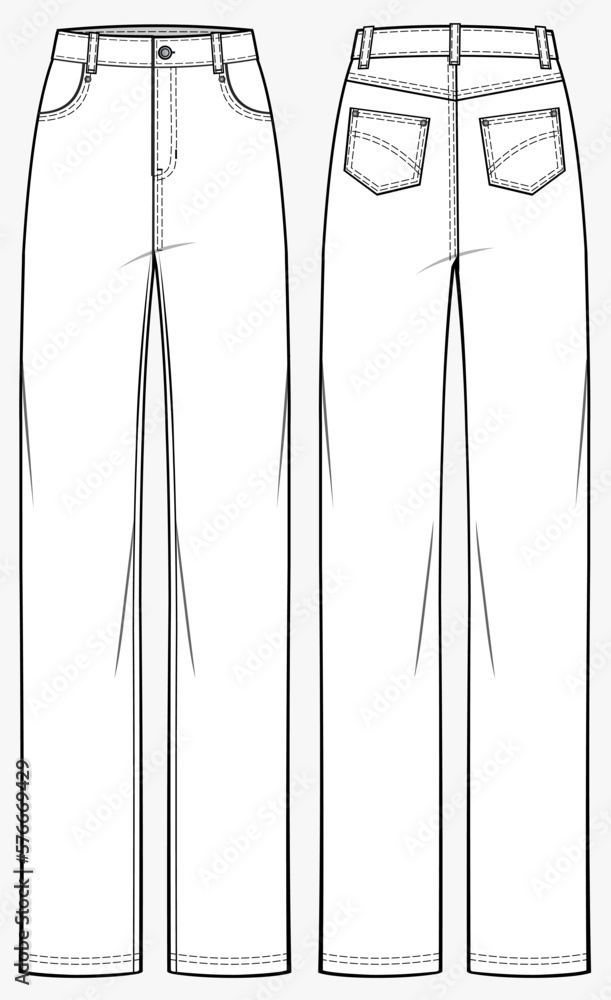 mom Jeans pants fashion flat technical drawing template. Highwaist