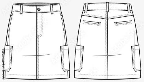 High-waist denim skirt fashion technical drawing template with welt and classic pockets, Front zip fly, and top button fastening. denim skirt vector illustration. front and back view. CAD mockup 