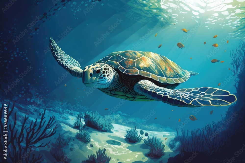 Obraz premium A marine turtle resting on the sandy ocean floor. a turtle that lives in the ocean and dives to eat. Submarine habitat inhabited by a sea turtle. Image of a marine turtle seen while scuba diving