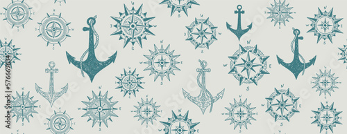 Compass Wind rose, Anchor, pattern, hand drawn Illustration.	
