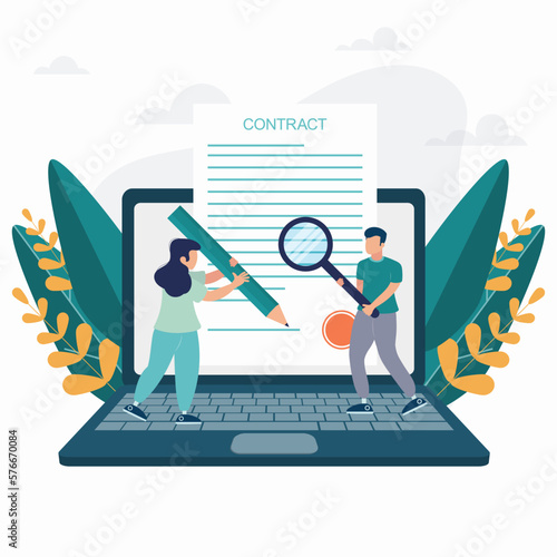 Business woman signing contract with digital pen on computer. Electronic contract with digital signature. Businessmen make online deal with e-signature. Safe agreement conclusion, business partnership